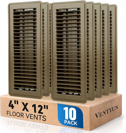 4" x 12" Floor Register Vent Covers 10-Pack, Walkable Powder-Coated Metal Vent Covers with Adjustable Airflow, Curved Safe Edges for Floor/Wall, Brown