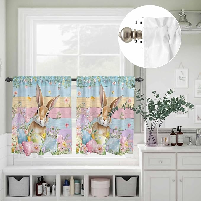 Kitchen Curtains Tiers and Valance Set of 3, Easter Light Filtering Window Curtain Set, Spring Rabbit Eggs Floral Colorful Wooden Grain Rod Pocket Curtain Drapes for Cafe, Living Room, 36 Inches Tiers
