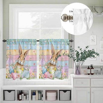 Kitchen Curtains Tiers and Valance Set of 3, Easter Light Filtering Window Curtain Set, Spring Rabbit Eggs Floral Colorful Wooden Grain Rod Pocket Curtain Drapes for Cafe, Living Room, 36 Inches Tiers