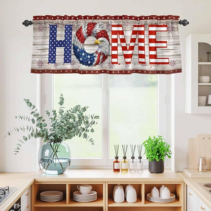 4th of July Kitchen Curtains Set 3 Piece for Windows,Rod Pocket Valance and Tier Set 36 Inch Length,Stars Striped Farmhouse American Flag Wood Grain Light Filtering Cafe Curtains for Living Room