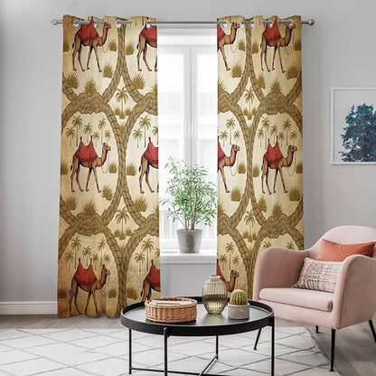 2 Panel Kitchen Cafe Curtains, Brown Desert Camels Sunlight Filtering Nature Air Through, Window Decor Tier Curtains for Living Room 104W x 90L inch Tropical Date Coconut Trees Cords Leaves