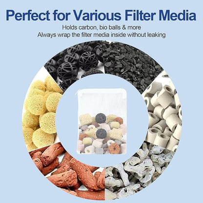 16 Pcs Aquarium Filter Media Bags with Plastic Zipper, Fish Tank Fine Mesh Bags for Activated Charcoal Aquarium, Reusable Aquarium Accessories for Carbon Bio Balls, Ceramic Rings(6in×8in and 4in×6in)
