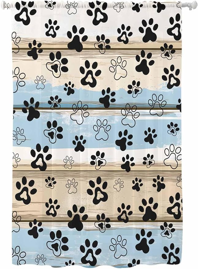 Sheer Curtains 72 Inches Long, Blue Dog Paw Print Semi Sheer Curtains Light Filtering Window Treatment, Vintage Farmhouse Rustic Wooden Grain Privacy Voile Drapes for Living Room Bedroom 52x72 Inch