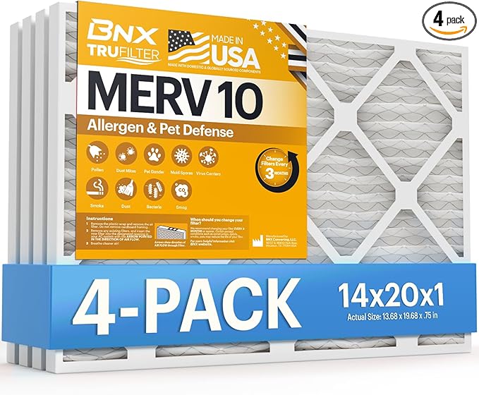 BNX TruFilter 14x20x1 MERV 10 (4-Pack) AC Furnace Air Filter - MADE IN USA - Pleated Air Conditioner HVAC AC Furnace Filters - Removes Odor, Mold, Bacteria, Smoke