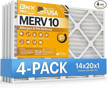 BNX TruFilter 14x20x1 MERV 10 (4-Pack) AC Furnace Air Filter - MADE IN USA - Pleated Air Conditioner HVAC AC Furnace Filters - Removes Odor, Mold, Bacteria, Smoke