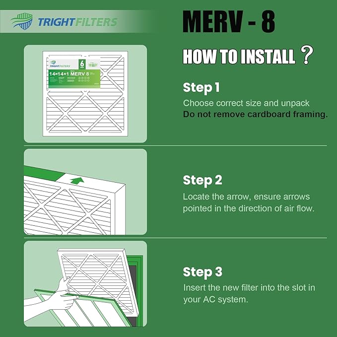 14x14x1 Air Filter 6 Pack, Durable MERV 8 Pleated Home HVAC AC Furnace Filters, Lightweight Compact Air Conditioner Filter Replacement