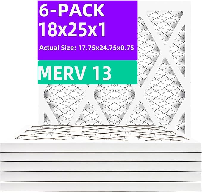 18x25x1 MERV 13 (6-Pack) Pleated Air Filter (Actual Size: 17.75x24.75x0.75") MPR 1900 & FPR 10, Furnace Air Filters,18x25x1 air filter