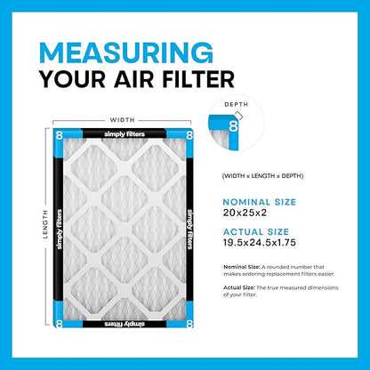 Simply 20x25x2 Air Filter, MERV 8, 12 Pack, Furnace Air Filter for HVAC (Actual Size: 19.5"x24.5"x1.75") DUST, Pet & Allergy Control