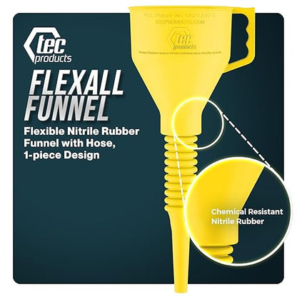 TEC Products FlexAll Long Flexible Funnels - Automotive Oil Funnel with Hose, Durable Nitrile Rubber for Oil Change, Transmission Funnel Fluid, Diesel, Fuel, Gas - Made in USA - Yellow (16 x 5 Inches)