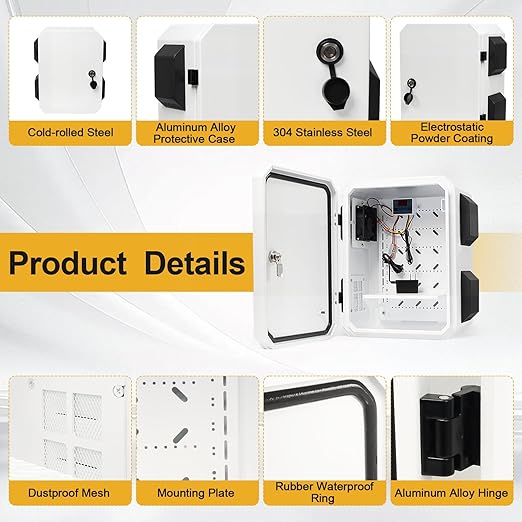 Outdoor Electrical Box with Key Lock, 12V Cooling Fan & Temperature Controller Included, Cold-Rolled Steel Plate Electrical Box, with M10 Aluminum Alloy Sliding Groove (11.81"x15.75"x7.87")
