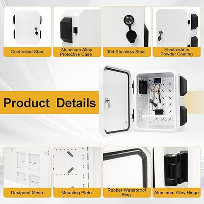 Outdoor Electrical Box with Key Lock, 12V Cooling Fan & Temperature Controller Included, Cold-Rolled Steel Plate Electrical Box, with M10 Aluminum Alloy Sliding Groove (11.81"x15.75"x7.87")