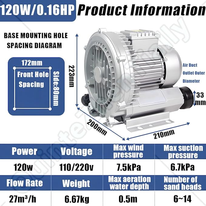Vortex Ring Regenerative Blower,Single Phase High-Pressure Industrial Vacuum Pump,Electric Air Pump,for Industrial Applications,Construction Sites,Fish Pond Aeration 120W/0.16HP