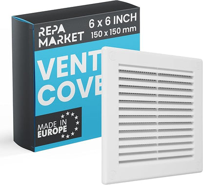Repa Market 6 x 6 Inch (Outer) White Square Air Vent Cover - Plastic Fresh Air Intake Vent - AC Cover with Nylon Mesh Screen, Wall, Ceiling HVAC Return Air Register, Modern Soffit Vents