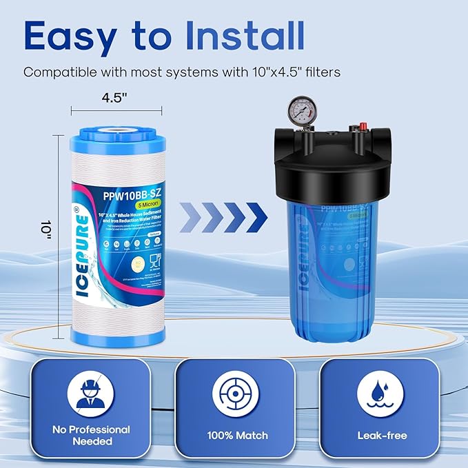 ICEPURE 5 Micron 10"x4.5" PPW10BB-SZ String Wound Water Sediment Filter Replacement for Whole House Filtration System, Compatible With Iron Reducing Filter For Well Water, 1Pack
