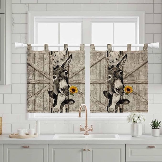 Funny Farm Animals Kitchen Curtains 24 Inch Length, Small Window Curtains Tab Top, Vintage Barn Brown Sunflowers Light Filtering Short Window Treatments Tier Drapes 27.5"x24" 2 Panel