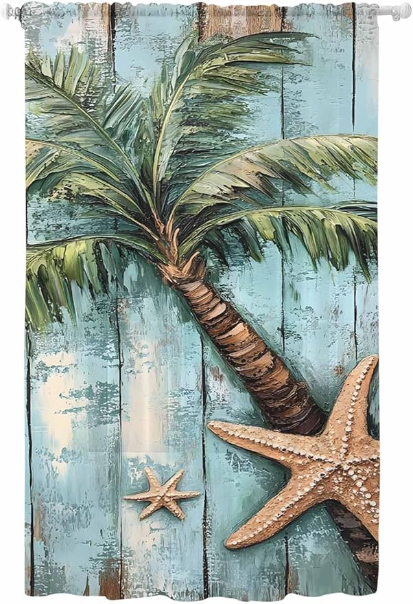 Sheer Curtains 84 Inches Long, Coastal Blue Green Tree Semi Sheer Curtains Light Filtering Window Treatment, Beach Tropical Vintage Wood Grain Privacy Voile Drapes for Living Room Bedroom 52x84 Inch