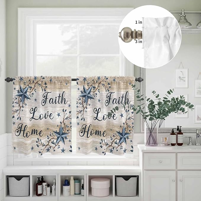 Vintage Country Kitchen Curtains Set 3 Piece for Windows,Rod Pocket Valance and Tier Set 36 Inch Length,Blue Rustic Texas Star Vines Wooden Grain Light Filtering Cafe Curtains for Living Room