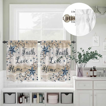 Vintage Country Kitchen Curtains Set 3 Piece for Windows,Rod Pocket Valance and Tier Set 36 Inch Length,Blue Rustic Texas Star Vines Wooden Grain Light Filtering Cafe Curtains for Living Room