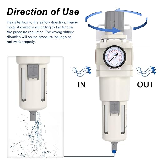 1"NPT Air Filter Regulator Combo Piggyback,5 Micron Brass Element, Semi-Auto Drain,Air Pressure Regulator AW5000-10,0-150 psi Gauge