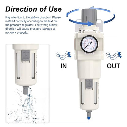 1"NPT Air Filter Regulator Combo Piggyback,5 Micron Brass Element, Semi-Auto Drain,Air Pressure Regulator AW5000-10,0-150 psi Gauge