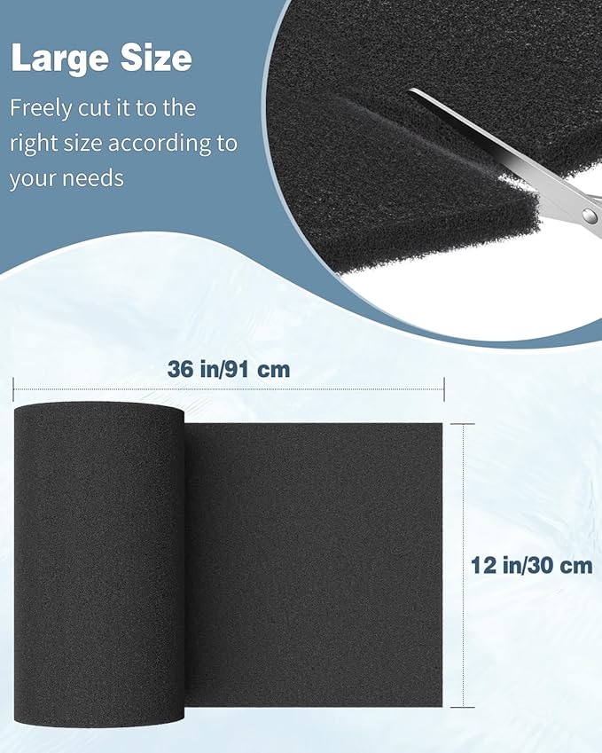 Pawfly Aquarium Filter Media Pad for Fish Tank Filters Aquarium Filter Media Sponge Filter Floss Roll for Sumps Ponds Hydroponics Black Foam Floss for Water Filtration, 36" L x 12" W