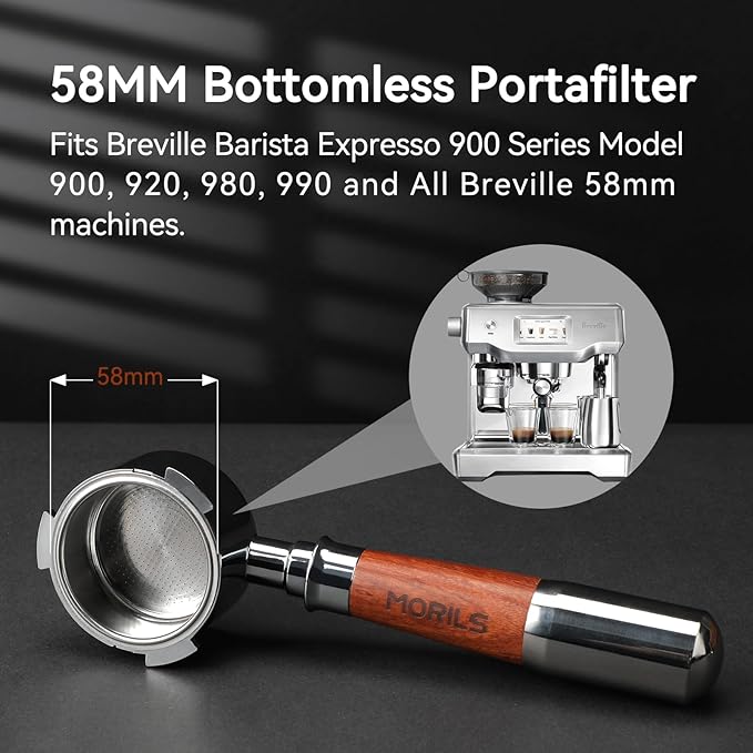 58mm Bottomless Portafilter with Double Shot Filter Basket & Premium Walnutwood Handle, Portafilter Compatible with All Breville 58mm Machines, Espresso Accessories(Puck Screen)