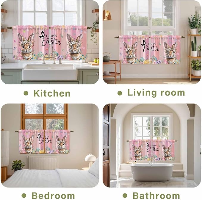 Easter Tier Curtains, Spring Rabbit Eggs Flowers Flags Leaves Wood Grain Light Filtering Kitchen Curtains, 2Pcs Rod Pocket Half Window Treatments Panels for Sink Cafe Cabinet Camper 27.5x24 Inches