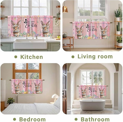 Easter Tier Curtains, Spring Rabbit Eggs Flowers Flags Leaves Wood Grain Light Filtering Kitchen Curtains, 2Pcs Rod Pocket Half Window Treatments Panels for Sink Cafe Cabinet Camper 27.5x24 Inches