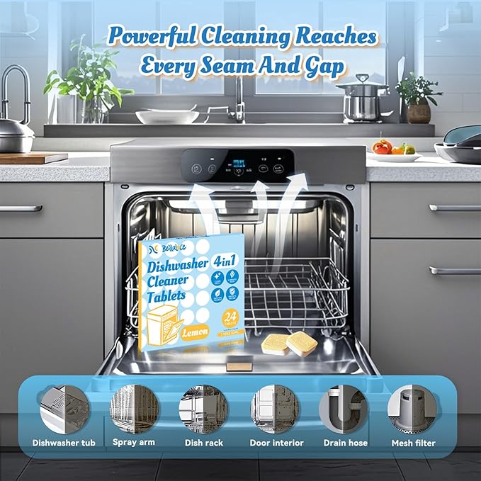 Dishwasher Cleaner Tablets Deodorizer Pods-24 Pack Deep Cleaning Dish Washer Descaler Freshener-Grime Limescale Heavy Duty Grease Odor Smell Remover-for All Dishwashers Lemon Foaming 1 Year Supply