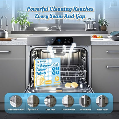 Dishwasher Cleaner Tablets Deodorizer Pods-24 Pack Deep Cleaning Dish Washer Descaler Freshener-Grime Limescale Heavy Duty Grease Odor Smell Remover-for All Dishwashers Lemon Foaming 1 Year Supply