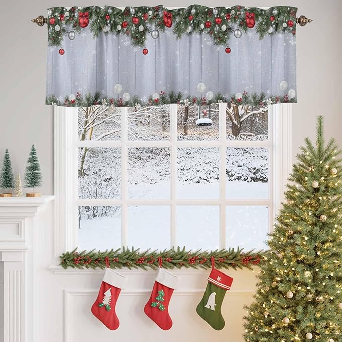 Christmas Curtain Valances for Windows, Kitchen Valance Window Treatment, Winter Xmas Balls Pine Branches Wooden Grain Light Filtering Block Curtains for Bathroom/Bedroom/Living Room 54'' x 18''
