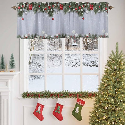 Christmas Curtain Valances for Windows, Kitchen Valance Window Treatment, Winter Xmas Balls Pine Branches Wooden Grain Light Filtering Block Curtains for Bathroom/Bedroom/Living Room 54'' x 18''