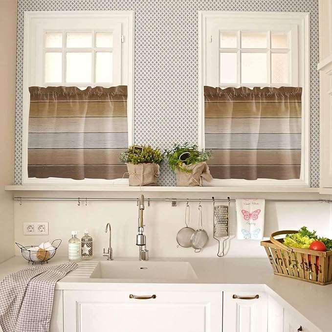 Vintage Brown Gradient Wood Grain Window Valance Curtains, Farmhouse Wood Barn Light Filtering Kitchen Valance with 3-inch Rod Pocket for Living Room Bathroom Bedroom,2 Panel,27.5x24In
