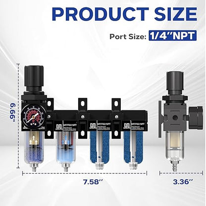 NEWPO 1/4'' NPT 4 Stage Air Drying System,Air Dryer for Compressor,5 &0.01 Micron Brass Coalescing Filter,Double Desiccant Dryer for Plasma Cutter and Paint Spray,Semi-Auto Drain (Black)
