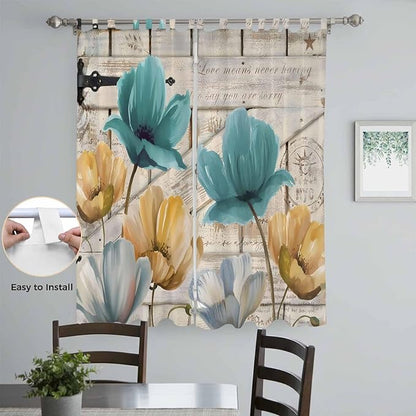 Watercolor Flowers Living Room Curtains 96 Inch Length, Window Curtains Tab Top, Vintage Tulips Floral Barn Doors Wood Grain Light Filtering Window Treatments Drapes 52"x96" 2 Panel