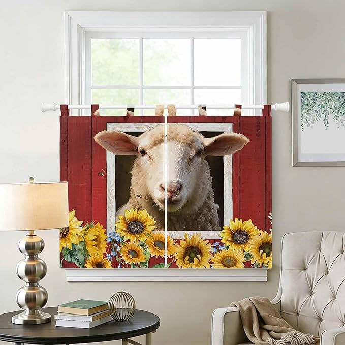 Sheep Sunflower Bedroom Curtains 63 Inch Length, Window Curtains Tab Top, Country Red Farm Barn Spring Flowers Light Filtering Window Treatments Drapes 42"x63" 2 Panel