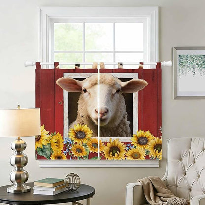 Sheep Sunflower Kitchen Curtains 45 Inch Length, Short Cafe Window Curtains Tab Top, Country Red Farm Barn Spring Flowers Light Filtering Window Treatments Tier Drapes 27.5"x45" 2 Panel