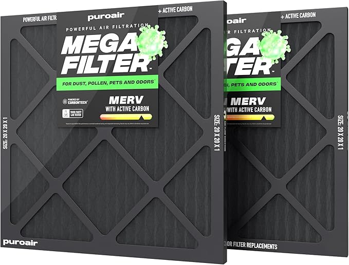 PuroAir MegaFilter - 20x20x1 Air Filter MERV 13 Activated CarbonTech Defense - Heavy Duty 3 Layer Furnace Filters Allergens, Pollen, Dust, Pet Dander, Smoke, Odors - HVAC Air Filter 20x20x1 (2-Pack)