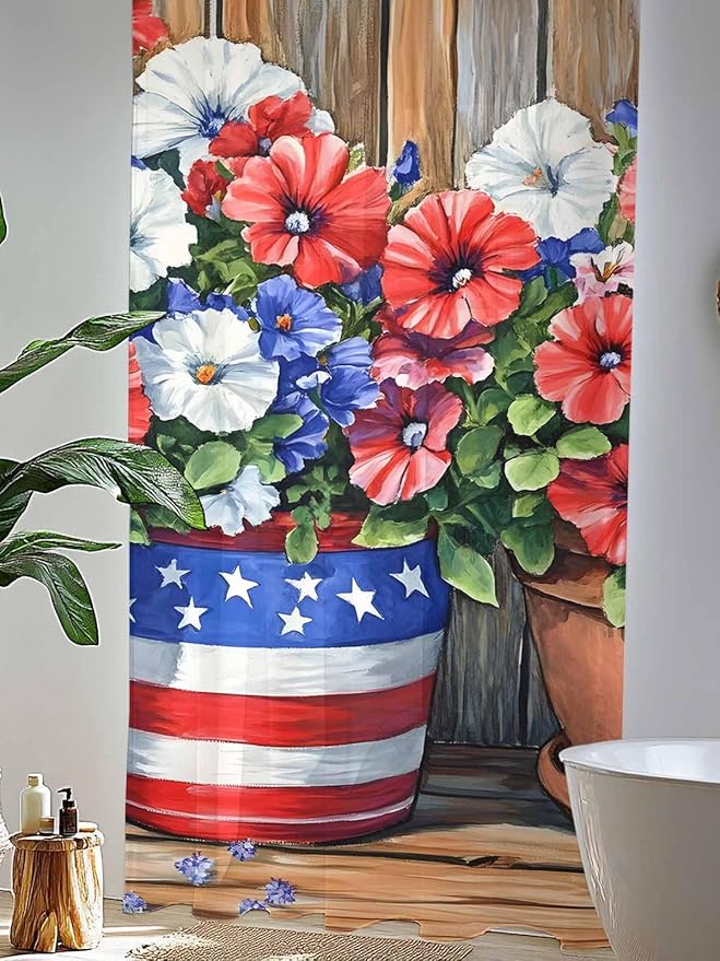 Sheer Curtains 96 Inches Long, Red Blue Flower Semi Sheer Curtains Light Filtering Window Treatment, Retro Independence Day Flag Wood Grain Privacy Voile Drapes for Living Room Bedroom 52x96 Inch