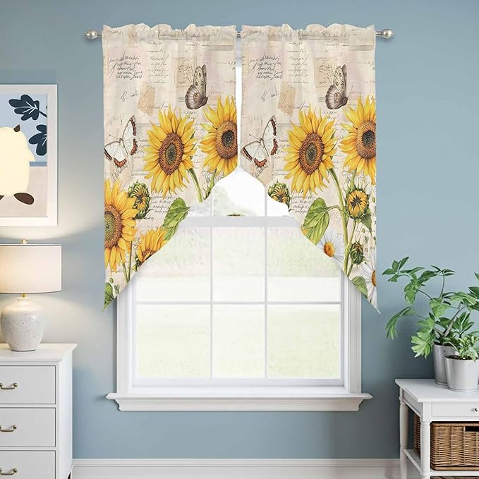 Yellow Sunflowers Swag Valances for Windows, Country Farm Butterfly Flower Light Beige Rod Pocket Kitchen Curtains Valance, Kitchen Window Curtains Swag for Cafe Living Room, 2 Panels, 36x45 inch