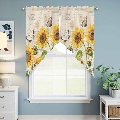 Yellow Sunflowers Swag Valances for Windows, Country Farm Butterfly Flower Light Beige Rod Pocket Kitchen Curtains Valance, Kitchen Window Curtains Swag for Cafe Living Room, 2 Panels, 36x45 inch