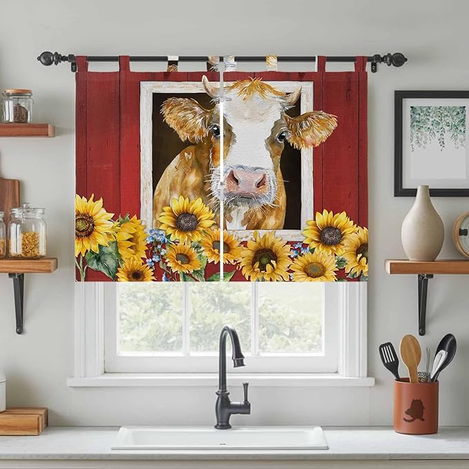 Cows Sunflowers Bedroom Curtains 63 Inch Length, Window Curtains Tab Top, Spring Floral Bees Farmhouse Barn Light Filtering Window Treatments Drapes 42"x63" 2 Panel