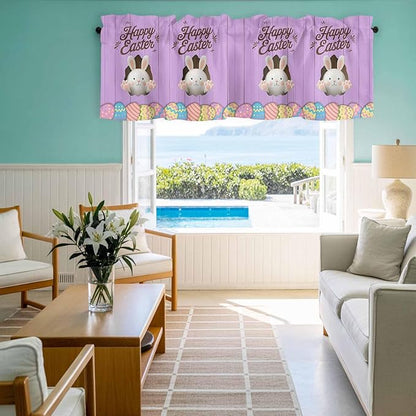 Purple Easter Curtain Valances for Windows, Kitchen Valance Window Treatment, Spring Cartoon Bunny Colorful Eggs Wood Grain Light Filtering Block Curtains for Bathroom/Bedroom/Living Room 60'' x 18''