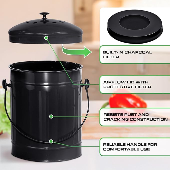 Plexon Black Metal Compost Bin with Airflow Lid and Charcoal Filter, 1.5 Gallon, Compost Pail for Kitchen Countertop
