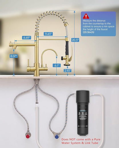 Fapully Commercial 3 Way Kitchen Faucets with Pull Down Sprayer and Water Filler,3 in 1 Kitchen Sink Faucet with Drinking Water Faucet Brushed Gold
