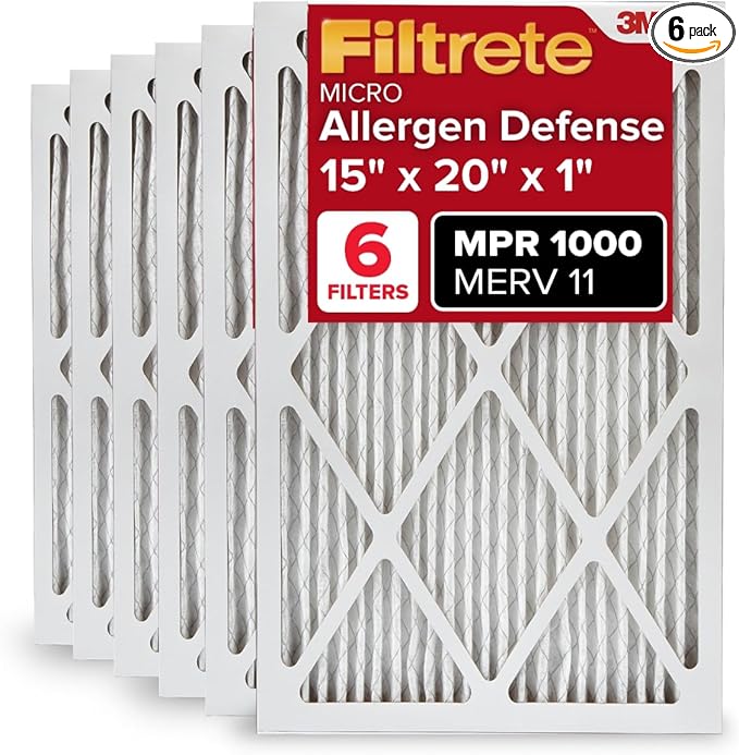 Filtrete 15x20x1 AC Furnace Air Filter, MERV 11, MPR 1000, Micro Allergen Defense, 3-Month Pleated 1-Inch Electrostatic Air Cleaning Filter, 6 Pack (Actual Size 14.81x19.81x0.81 in)
