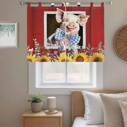 Pig Sunflowers Bedroom Curtains 63 Inch Length, Window Curtains Tab Top, Eucalyptus Leaves Floral Bees Red Barn Light Filtering Window Treatments Drapes 42"x63" 2 Panel