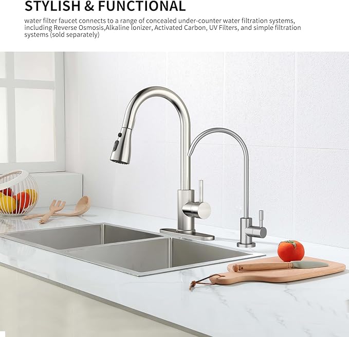 Kitchen Sink Faucet with Pull - Down Sprayer, 2 - Handle 3 - in - 1 Kitchen Sink Filter Faucet, Cold and Hot Mixer Drinking Water Faucet (Filter Faucet, Brushed Nickel)