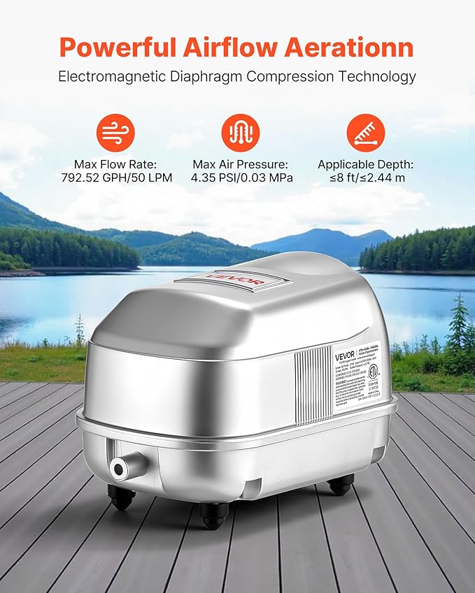 VEVOR Linear Air Pump, 792 GPH High Output Aerator for Septic Tanks, Pond Aeration, Wastewater Treatment, Aquaponics, Hydroponics, Fish Farms | for Ponds Up to 8ft Deep