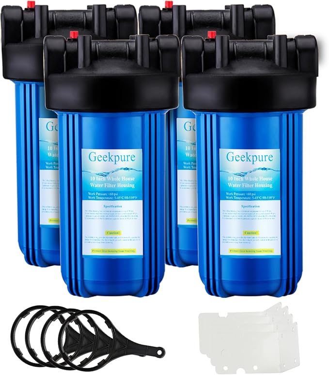 Geekpure 10-Inch Whole House Water Filter Housing 4.5"x10"1-Inch Outlet/Inlet with Wrench and Bracket-Blue Color-Pack of 4